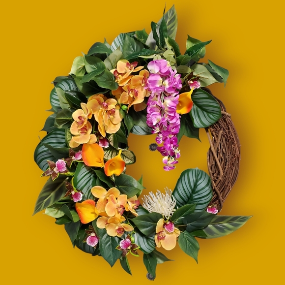 Hand Crafted Other - Tropical Grapevine Wreath Real Touch Orchids Botanical Decor